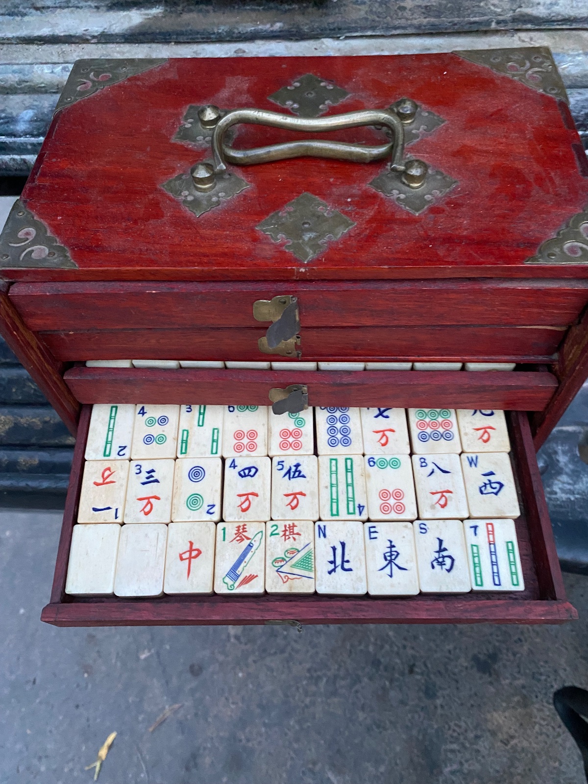 Antique Chinese Mahjong Game Set in Ornate Wooden Case