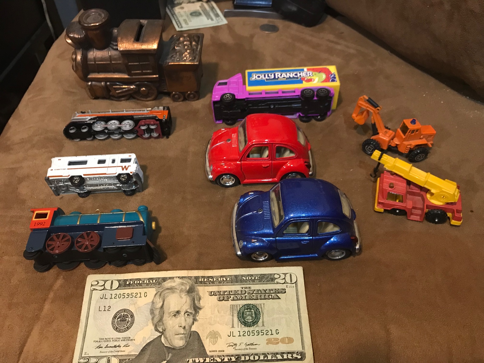 Mixed Lot of Diecast Cars & Train Bank