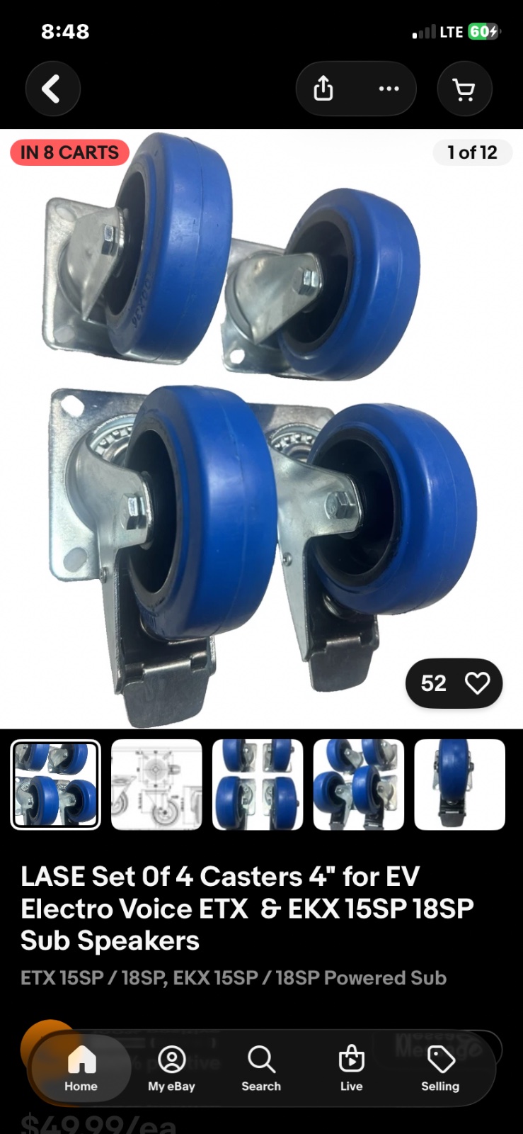 LASE Set of 4 Casters 4" for EV Electro Voice ETX & EKX 15SP 18SP Sub Speakers