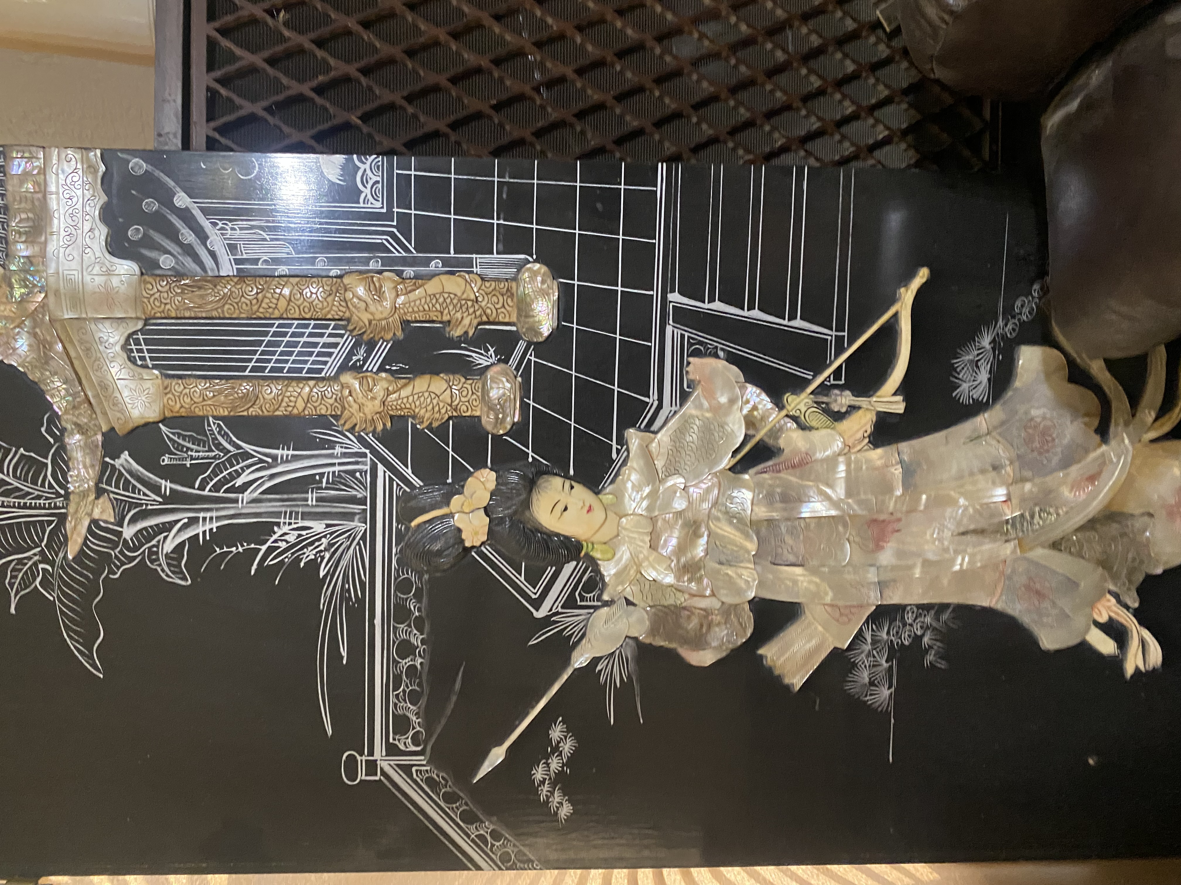 Vintage Chinese black laquer  Wall Art Panel Hunter W/ Bow & Arrow