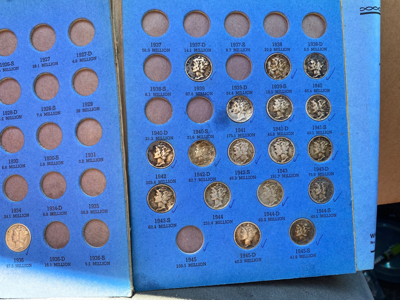 1916-1945 Mercury Dime Collection Partial Set Blue Whitman Folder