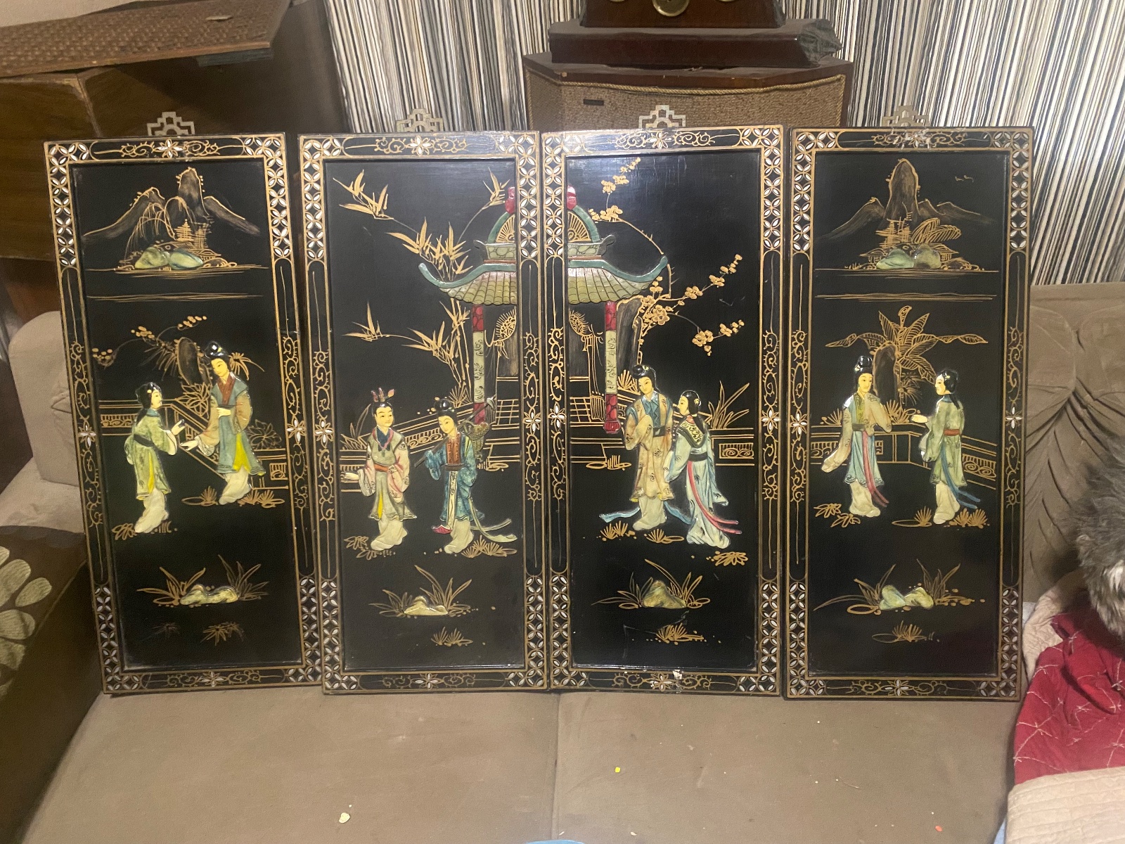 Vintage Asian-Style Black Lacquer Wall Panels w/ Mother of Pearl Inlay - Set of 4